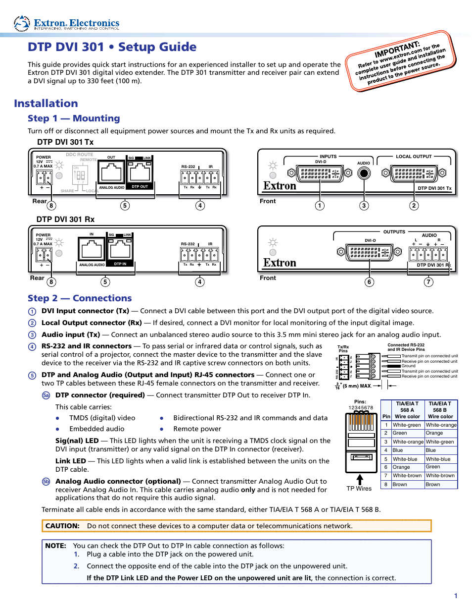 Extron Electronics DTP DVI 301 Setup Guide User Manual | 2 pages