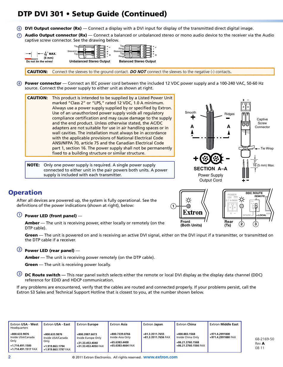 Dtp dvi 301 • setup guide (continued), Operation | Extron Electronics DTP DVI 301 Setup Guide User Manual | Page 2 / 2