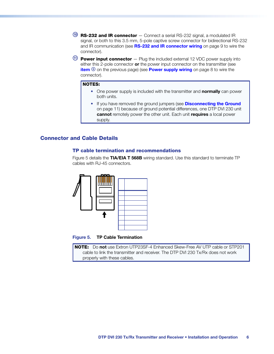 Connector and cable details, Tp cable termination and recommendations, Item | Extron Electronics DTP DVI 230 User Guide User Manual | Page 12 / 19