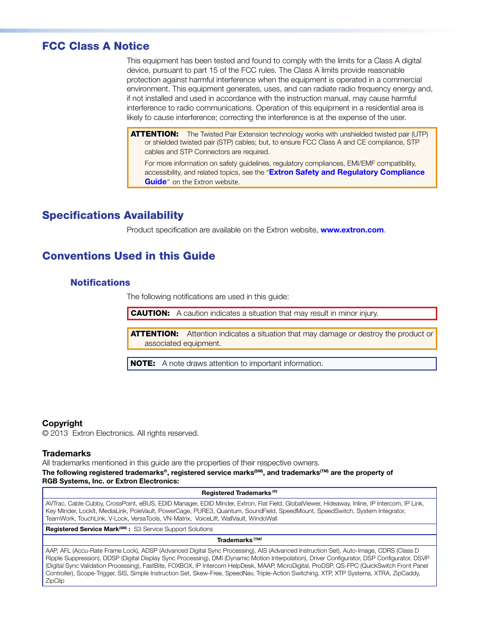 Fcc class, Fcc class a notice, Specifications availability | Conventions used in this guide, Notifications | Extron Electronics DTP DVI 230 User Guide User Manual | Page 3 / 19