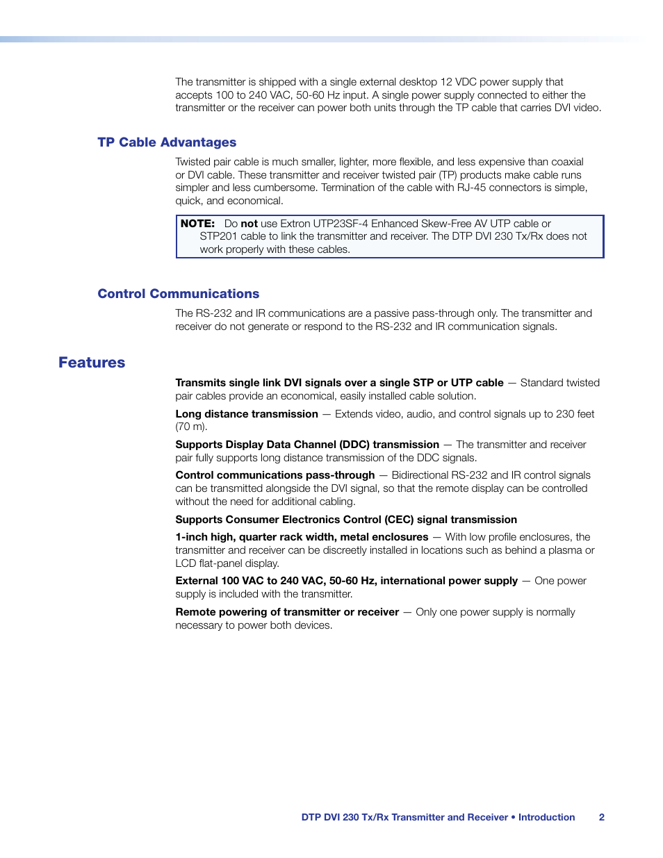 Tp cable advantages, Control communications, Features | Tp cable advantages control communications | Extron Electronics DTP DVI 230 User Guide User Manual | Page 8 / 19