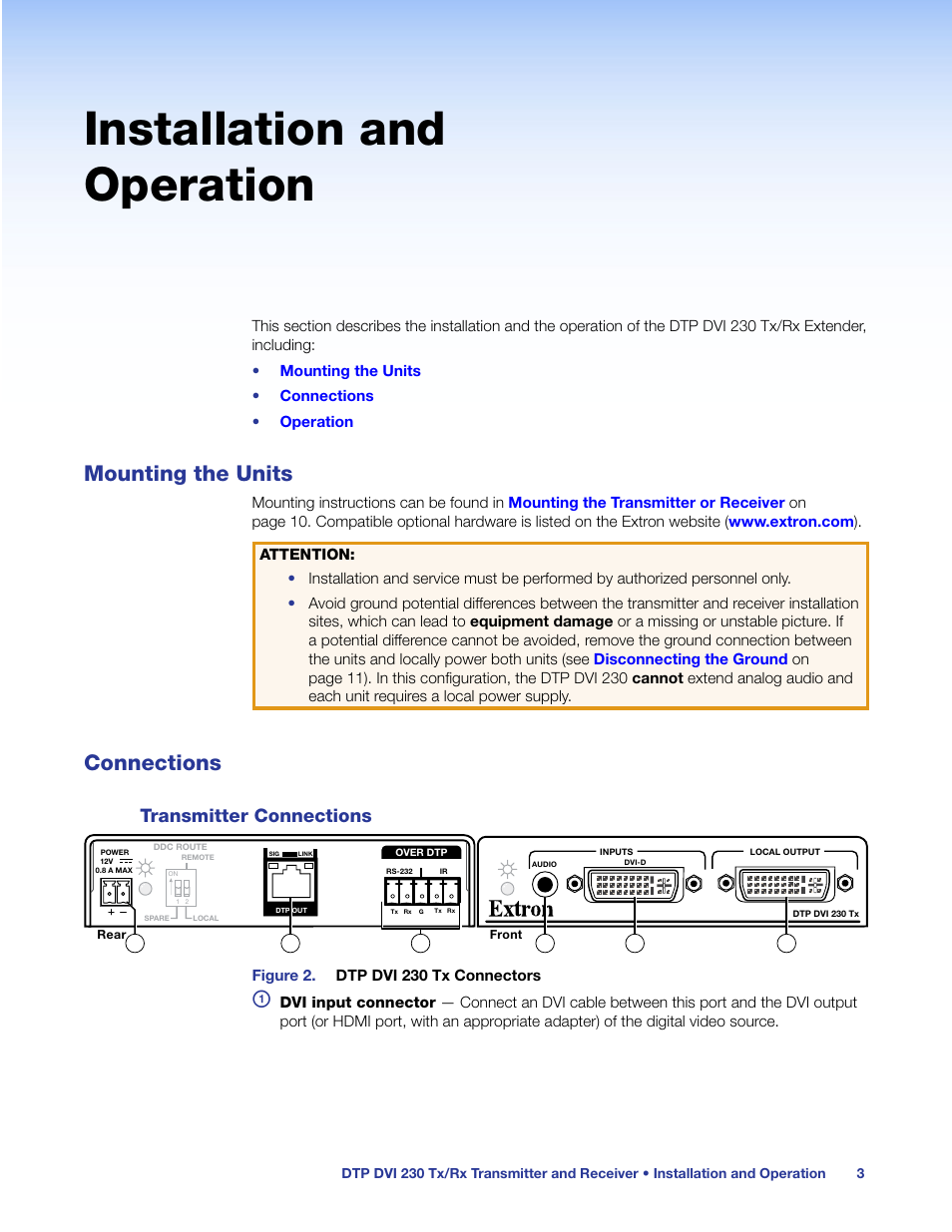 Installation and operation, Mounting the units, Connections | Transmitter connections, Mounting the units connections | Extron Electronics DTP DVI 230 User Guide User Manual | Page 9 / 19