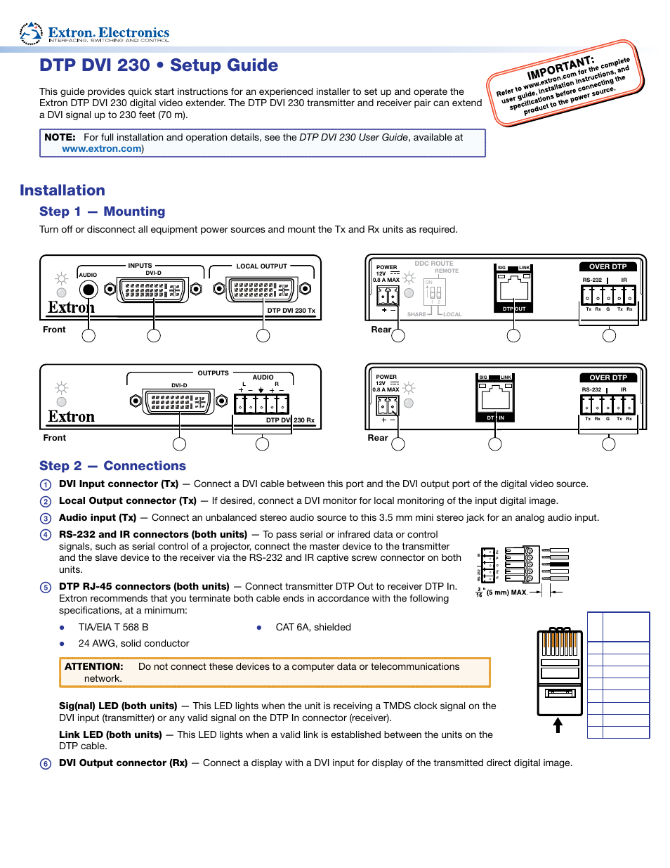 Extron Electronics DTP DVI 230 Setup Guide User Manual | 2 pages