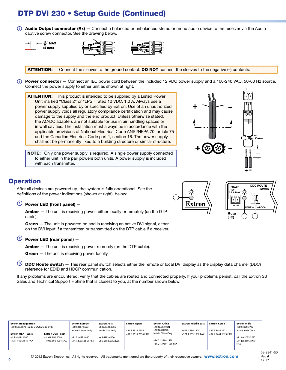 Dtp dvi 230 • setup guide (continued), Operation | Extron Electronics DTP DVI 230 Setup Guide User Manual | Page 2 / 2