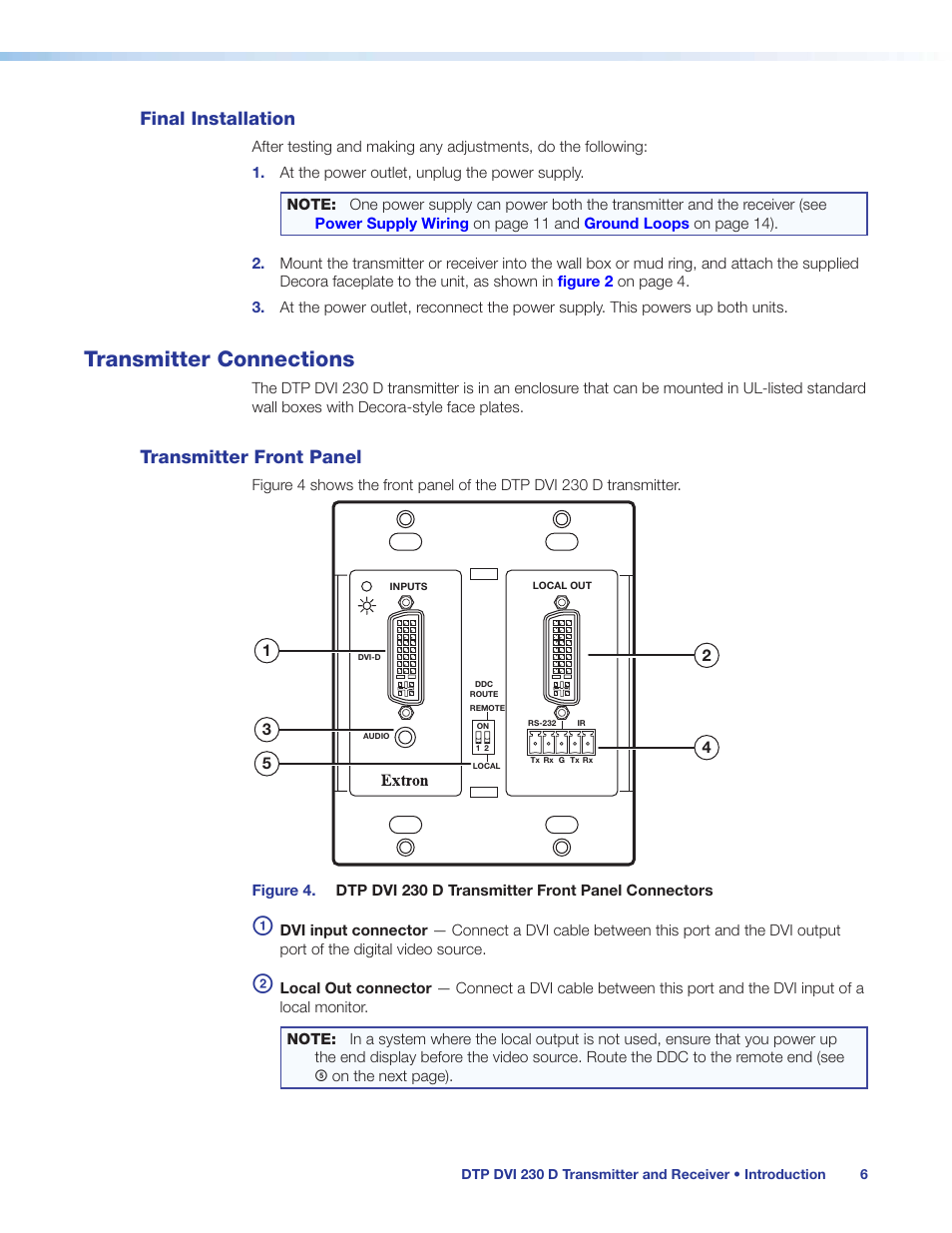 Final installation, Transmitter connections, Transmitter front panel | Ransmitter connections, Ont panel devices (see | Extron Electronics DTP DVI 230 D User Guide User Manual | Page 12 / 22