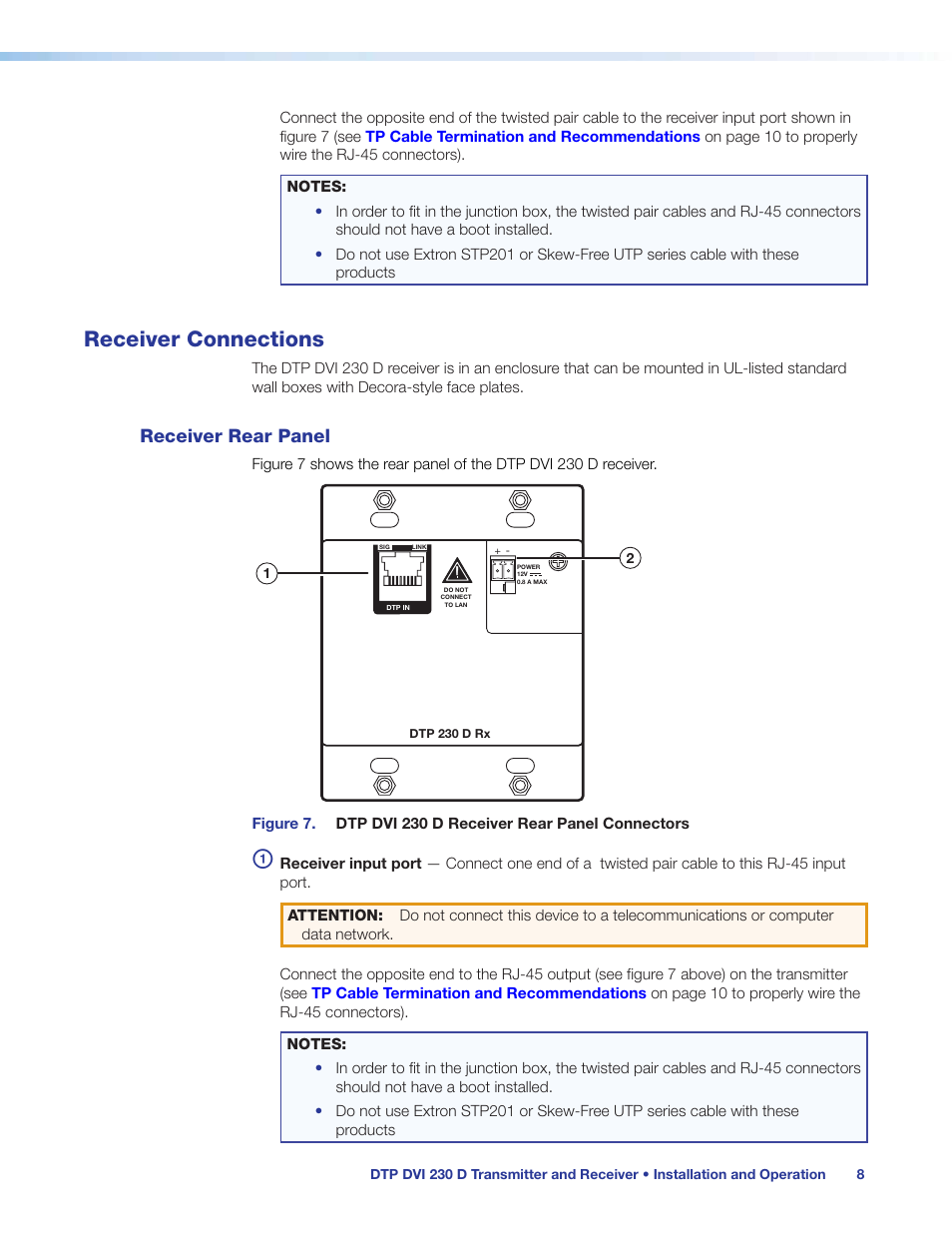 Receiver connections, Receiver rear panel | Extron Electronics DTP DVI 230 D User Guide User Manual | Page 14 / 22