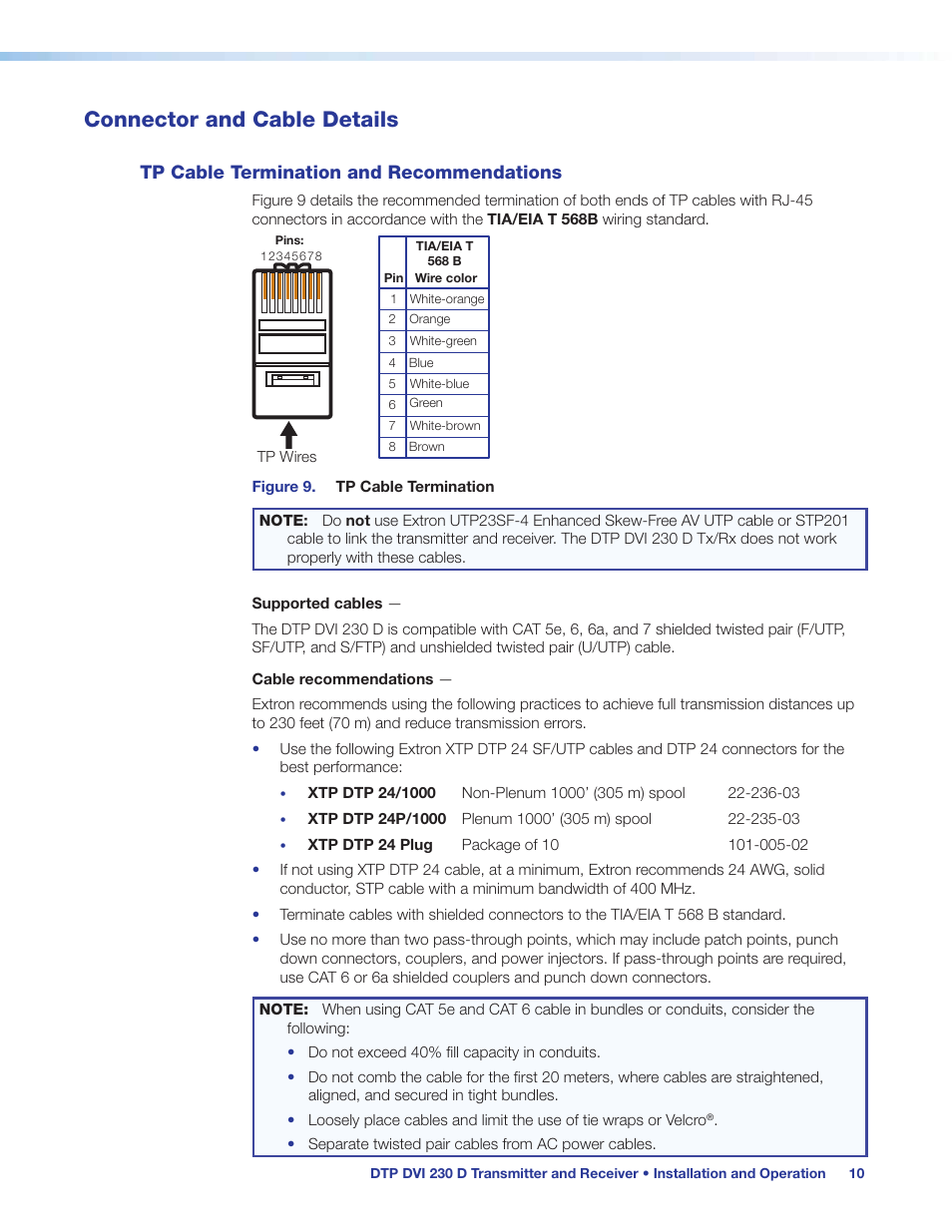 Connector and cable details, Tp cable termination and recommendations, Tp cable termination and | Recommendations, E 7 (see | Extron Electronics DTP DVI 230 D User Guide User Manual | Page 16 / 22