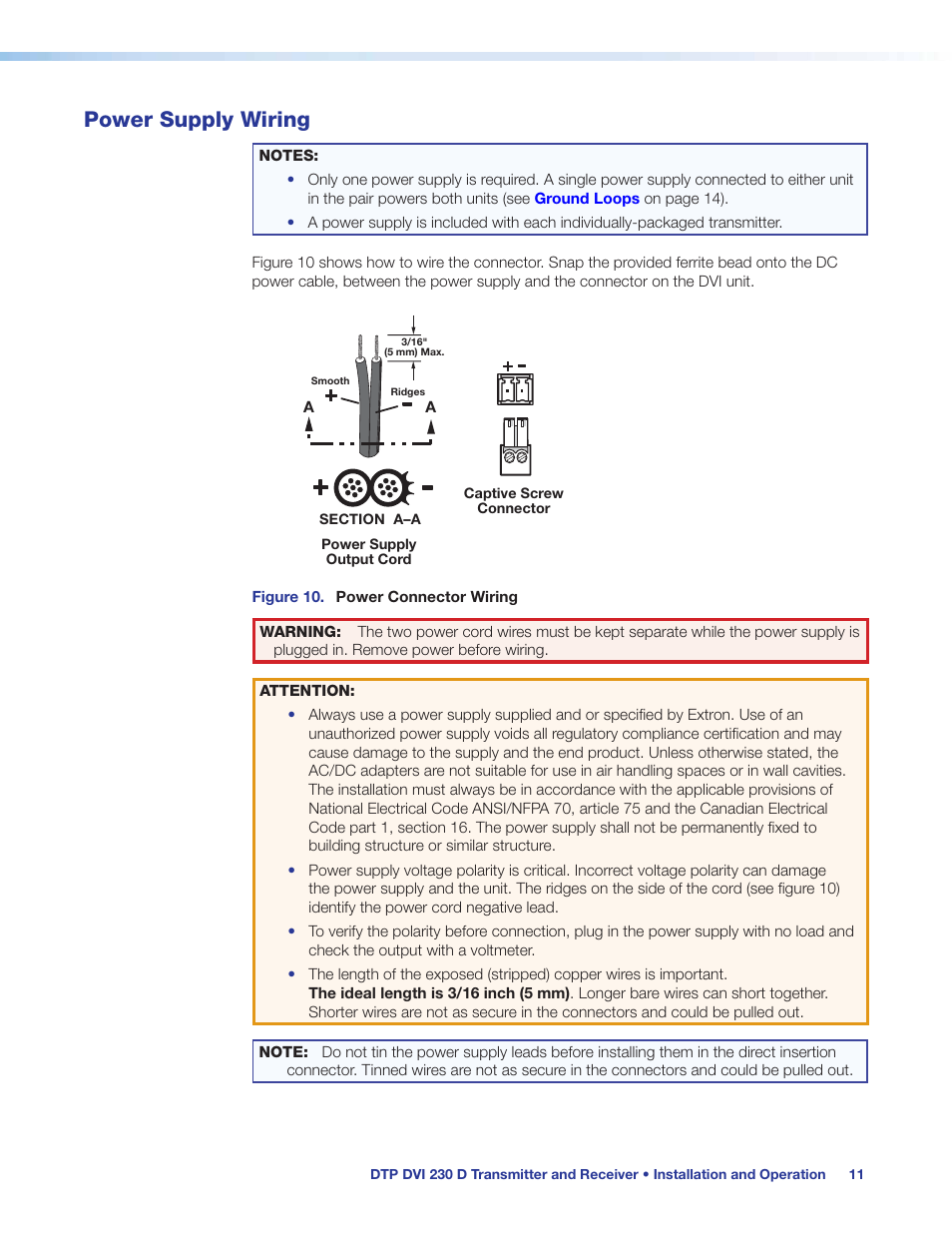 Power supply wiring, Power, Supply wiring | Eceiver (see | Extron Electronics DTP DVI 230 D User Guide User Manual | Page 17 / 22