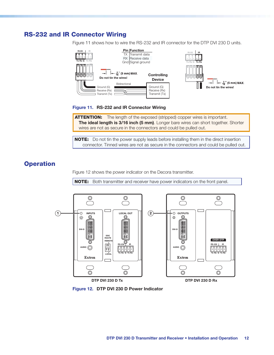 Rs-232 and ir connector wiring, Operation, Power supply wiring | Rs-232 communication and ir communication (see, Rs-232 and ir connector, Wiring | Extron Electronics DTP DVI 230 D User Guide User Manual | Page 18 / 22