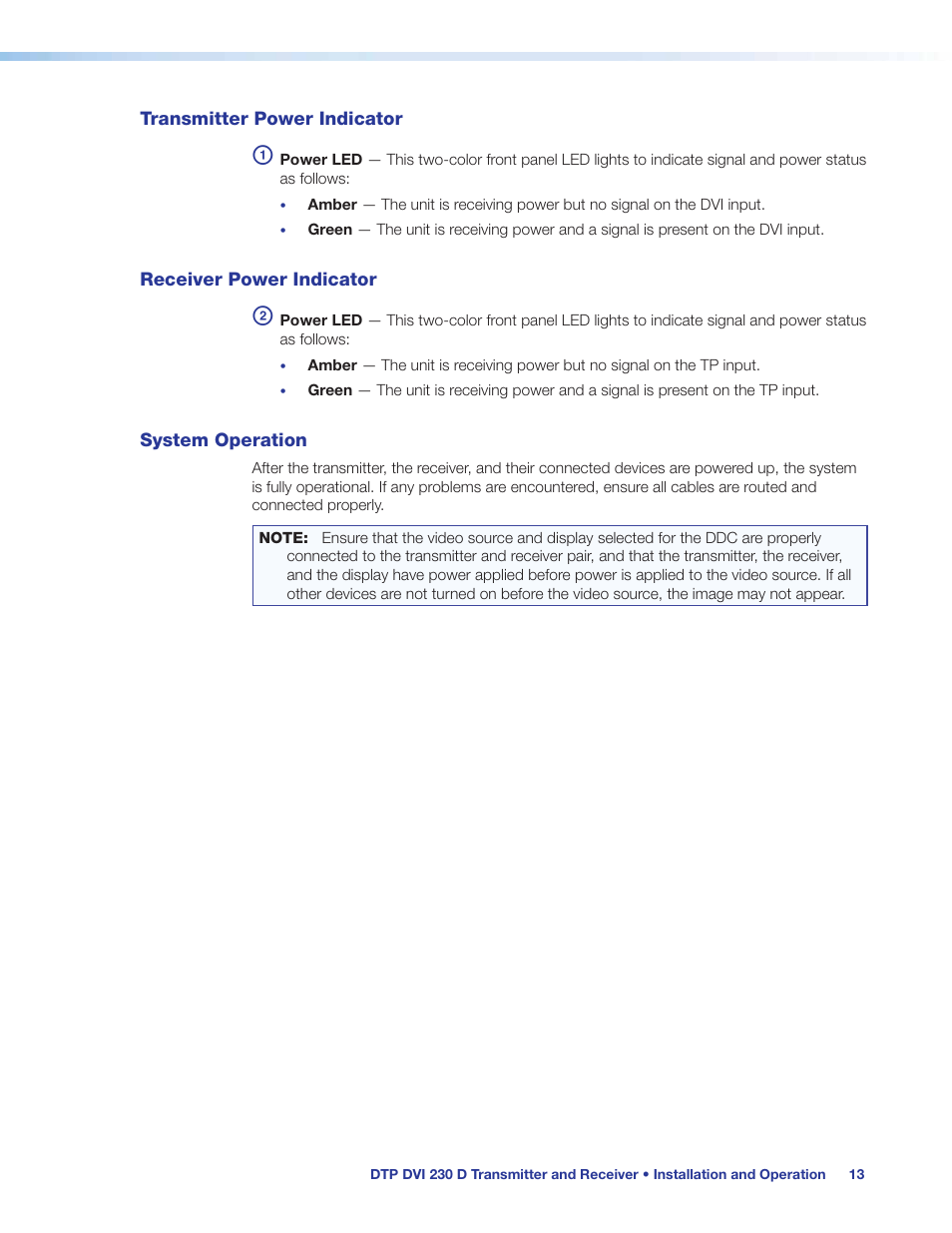 Transmitter power indicator, Receiver power indicator, System operation | Rs-232 and ir connector wiring, Operation | Extron Electronics DTP DVI 230 D User Guide User Manual | Page 19 / 22