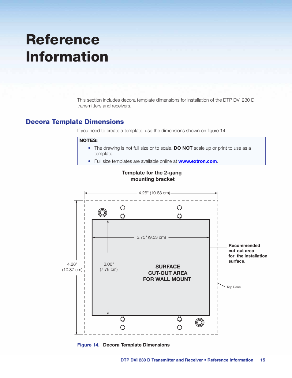 Reference information, Decora template dimensions | Extron Electronics DTP DVI 230 D User Guide User Manual | Page 21 / 22