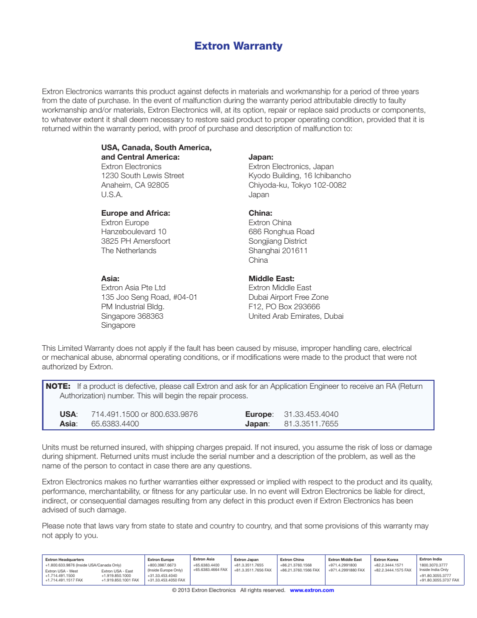 Extron warranty | Extron Electronics DTP DVI 230 D User Guide User Manual | Page 22 / 22