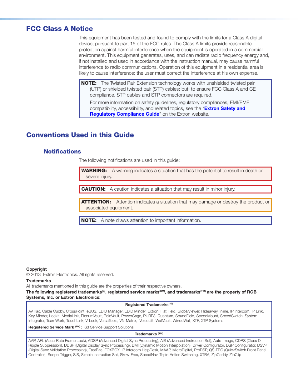 Fcc class a notice, Conventions used in this guide, Notifications | Extron Electronics DTP DVI 230 D User Guide User Manual | Page 3 / 22