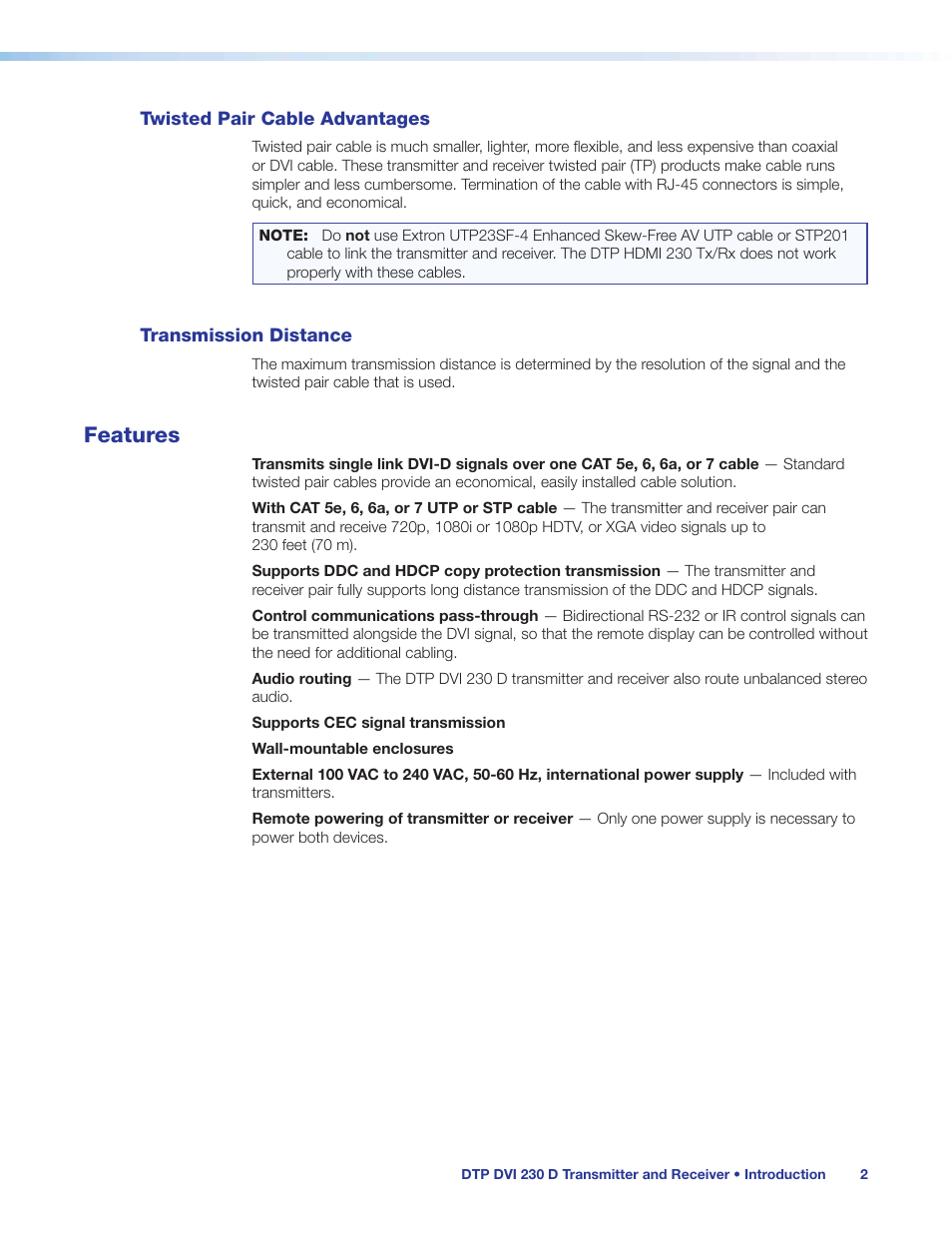 Twisted pair cable advantages, Transmission distance, Features | Extron Electronics DTP DVI 230 D User Guide User Manual | Page 8 / 22