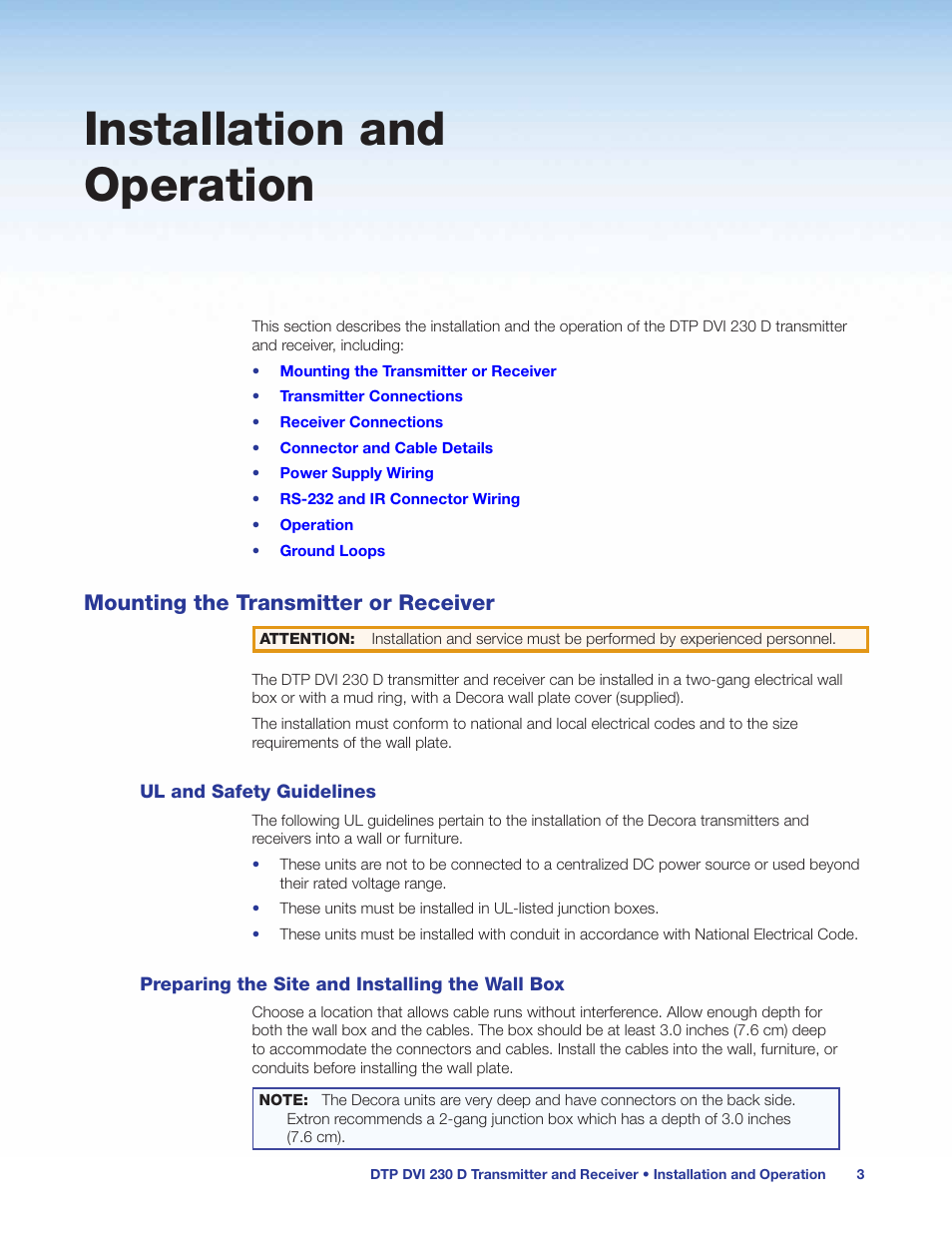 Installation and operation, Mounting the transmitter or receiver, Ul and safety guidelines | Preparing the site and installing the wall box, Preparing the site and installing the, Wall box | Extron Electronics DTP DVI 230 D User Guide User Manual | Page 9 / 22