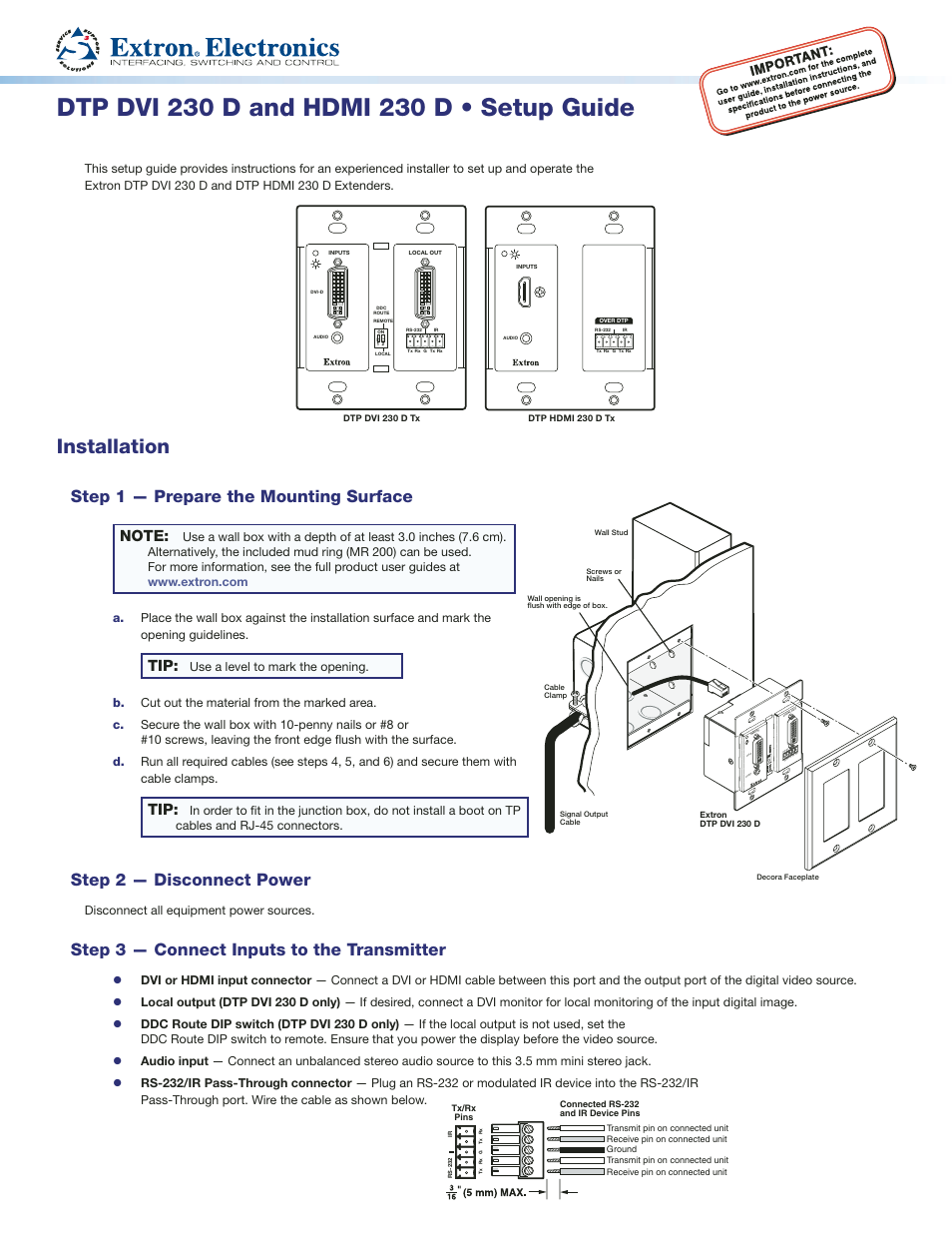 Extron Electronics DTP HDMI 230 D Setup Guide User Manual | 2 pages