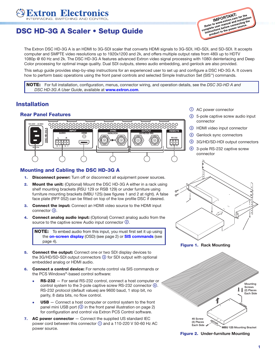 Extron Electronics DSC HD-3G A Setup Guide User Manual | 4 pages
