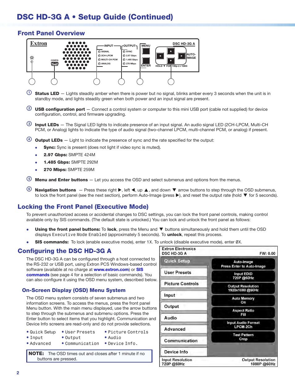On-screen display, Dsc hd-3g a • setup guide (continued), Front panel overview | Locking the front panel (executive mode), Configuring the dsc hd-3g a, Extron, On-screen display (osd) menu system | Extron Electronics DSC HD-3G A Setup Guide User Manual | Page 2 / 4