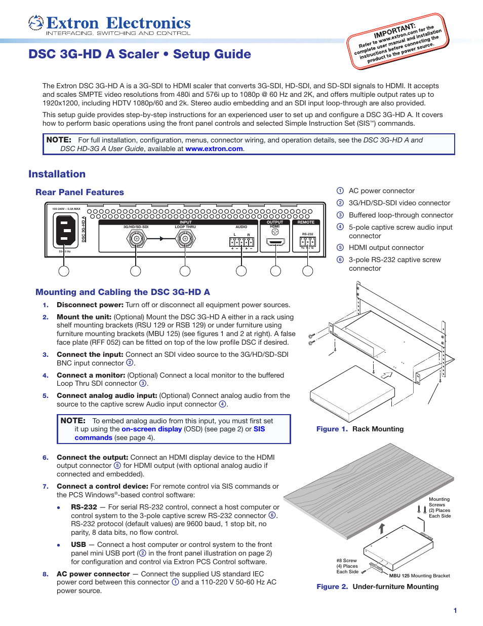 Extron Electronics DSC 3G-HD A Setup Guide User Manual | 4 pages