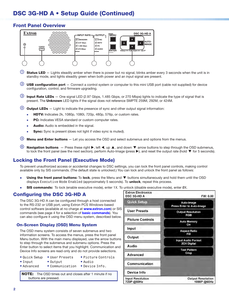 It up using the, On-screen display, Dsc 3g-hd a • setup guide (continued) | Front panel overview, Locking the front panel (executive mode), Configuring the dsc 3g-hd a, Extron, On-screen display (osd) menu system | Extron Electronics DSC 3G-HD A Setup Guide User Manual | Page 2 / 4