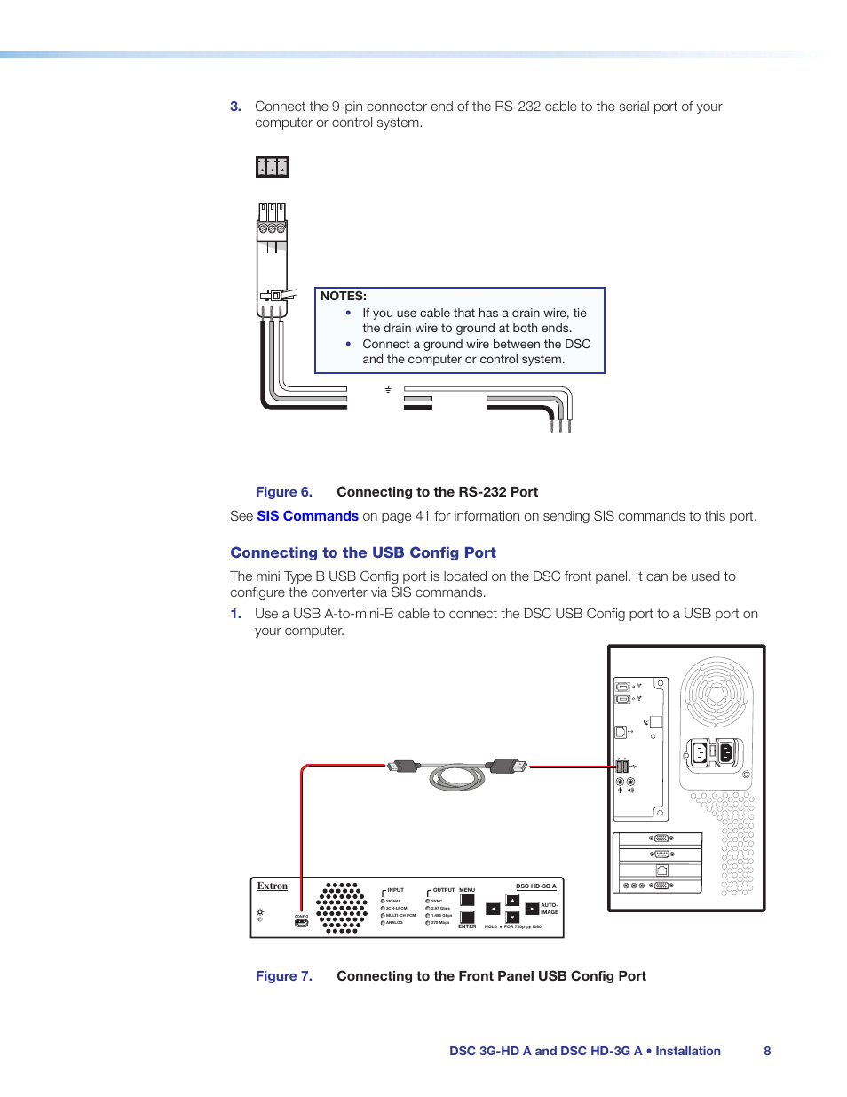 Connecting to the usb config port, Dsc 3g-hd a and dsc hd-3g a • installation 8 | Extron Electronics DSC HD-3G A User Guide User Manual | Page 14 / 74