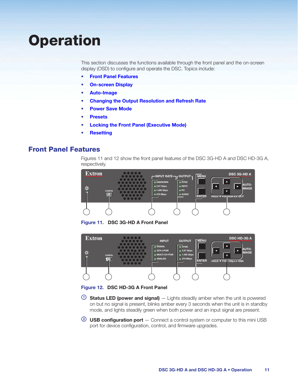 Operation, Front panel features, Extron | Extron Electronics DSC HD-3G A User Guide User Manual | Page 17 / 74