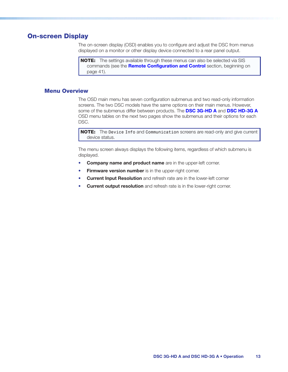 On-screen display, Menu overview | Extron Electronics DSC HD-3G A User Guide User Manual | Page 19 / 74