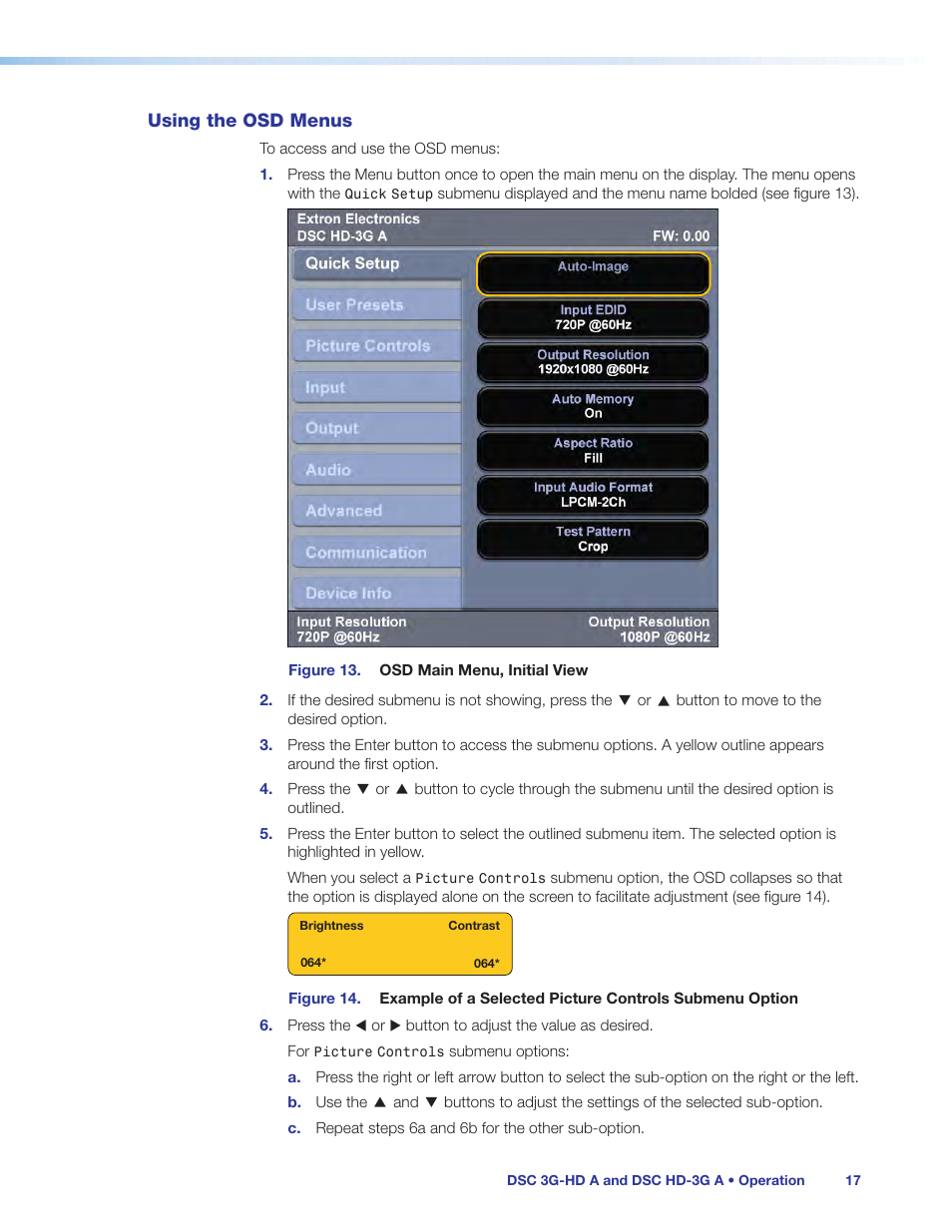 Using the osd menus | Extron Electronics DSC HD-3G A User Guide User Manual | Page 23 / 74