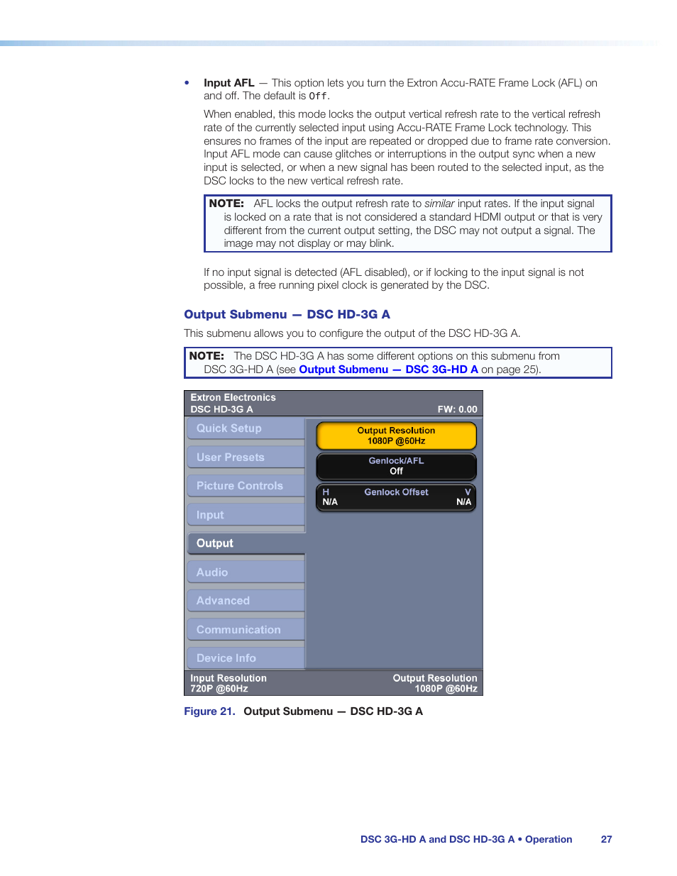 Dsc hd-3g a (see, Output submenu — dsc hd-3g a | Extron Electronics DSC HD-3G A User Guide User Manual | Page 33 / 74