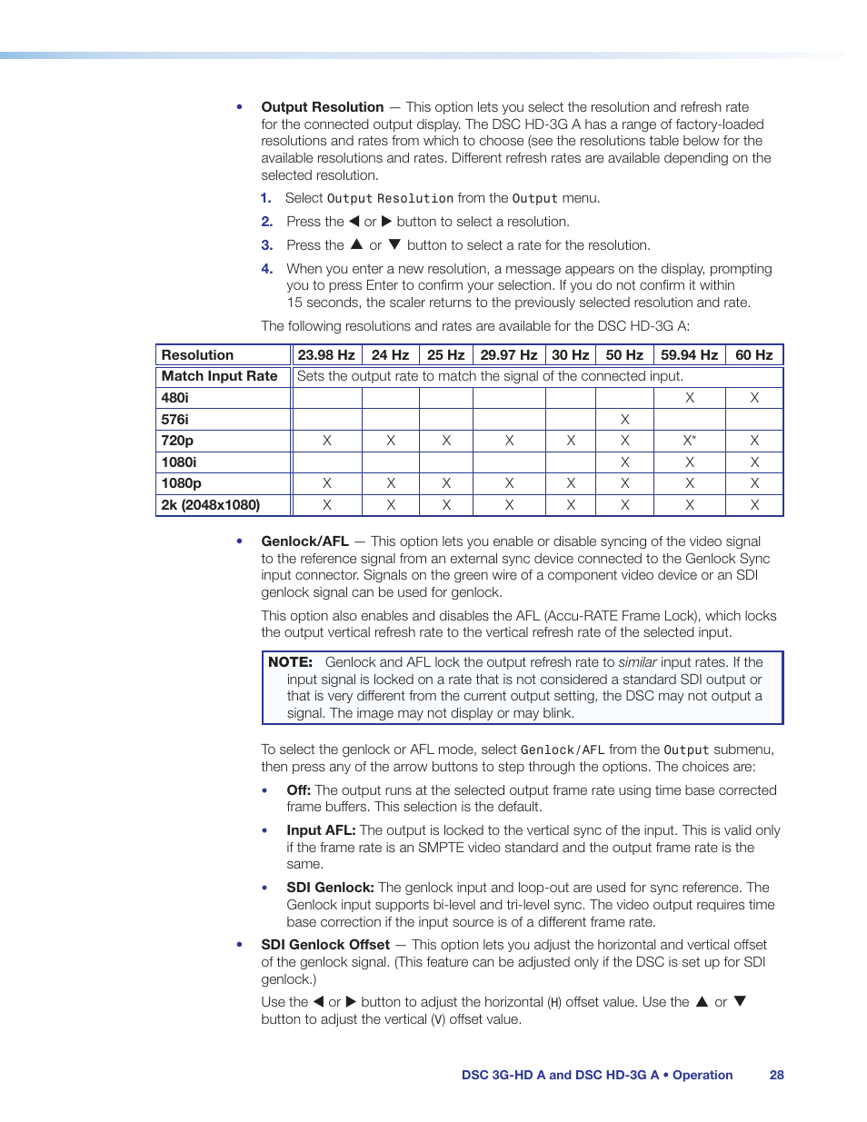 Dsc hd-3g a resolutions table | Extron Electronics DSC HD-3G A User Guide User Manual | Page 34 / 74