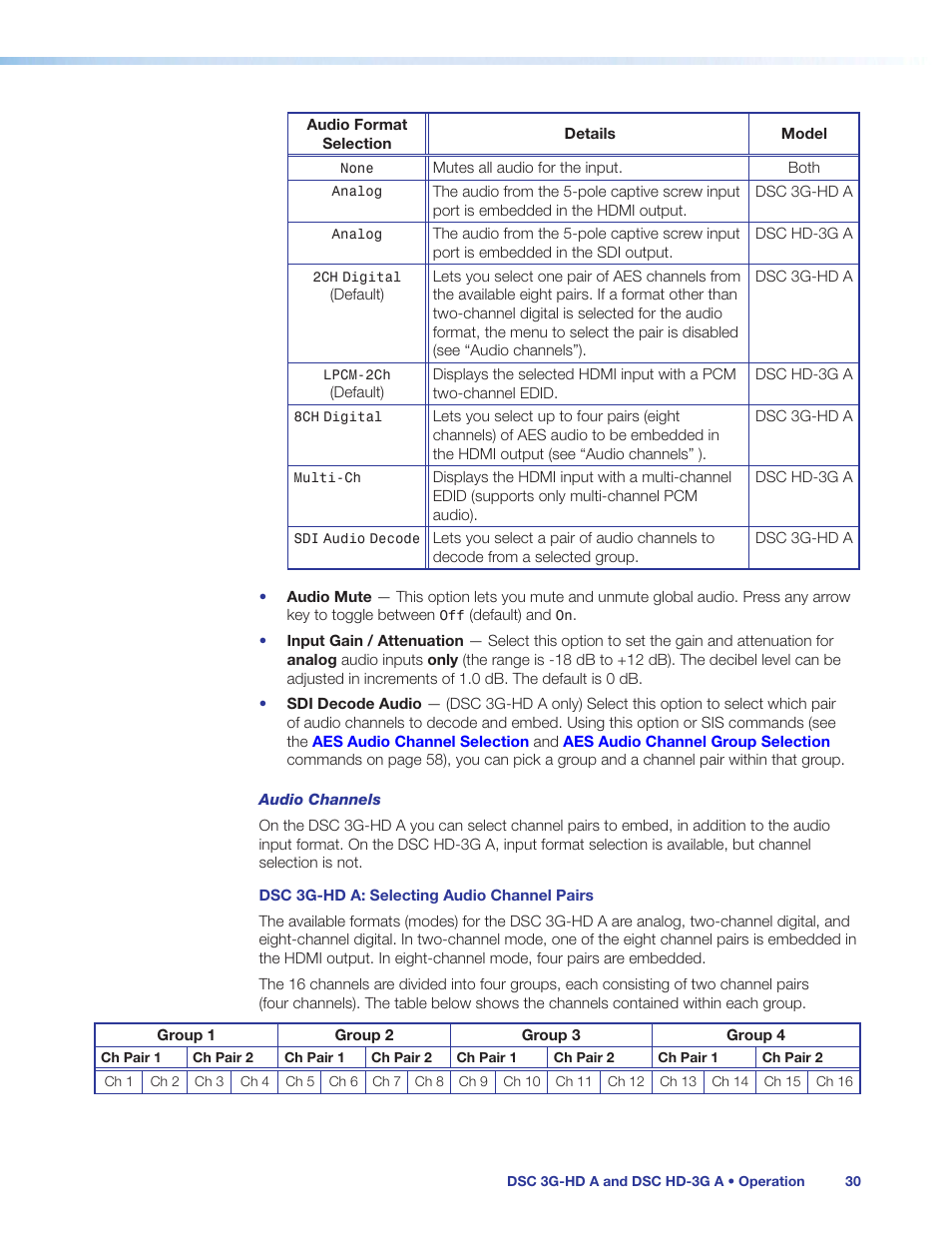 Audio formats table | Extron Electronics DSC HD-3G A User Guide User Manual | Page 36 / 74