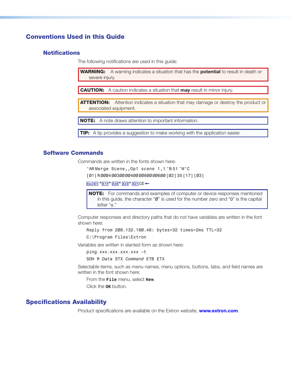 Conventions used in this guide, Notifications, Software commands | Specifications availability | Extron Electronics DSC HD-3G A User Guide User Manual | Page 4 / 74