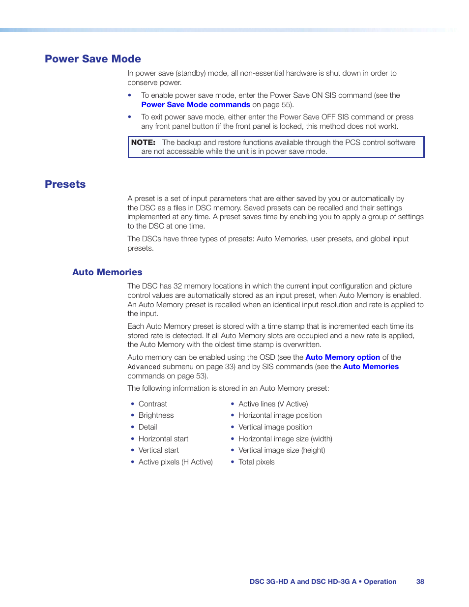 Power save mode, Presets, Auto memories | Power save mode presets, Auto, Memories, Audio gain or attenuation (see | Extron Electronics DSC HD-3G A User Guide User Manual | Page 44 / 74