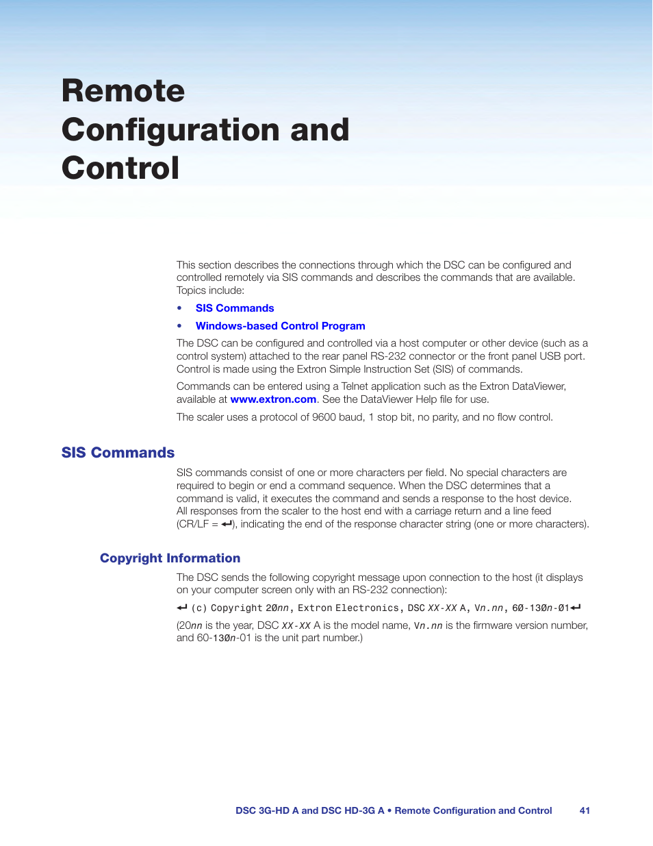 Remote configuration and control, Sis commands, Copyright information | Commands (see the, Section, beginning on | Extron Electronics DSC HD-3G A User Guide User Manual | Page 47 / 74