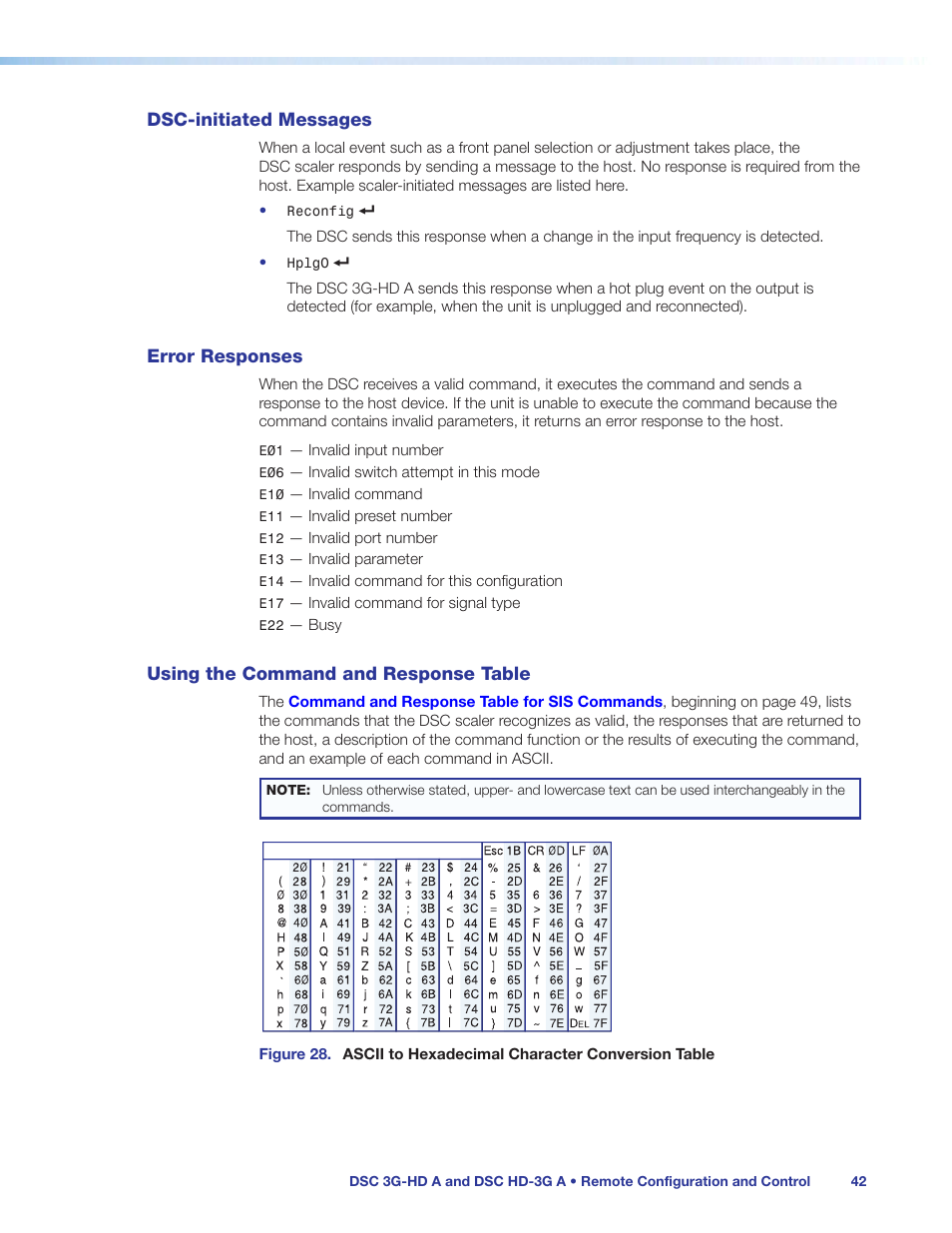 Dsc-initiated messages, Error responses, Using the command and response table | Extron Electronics DSC HD-3G A User Guide User Manual | Page 48 / 74