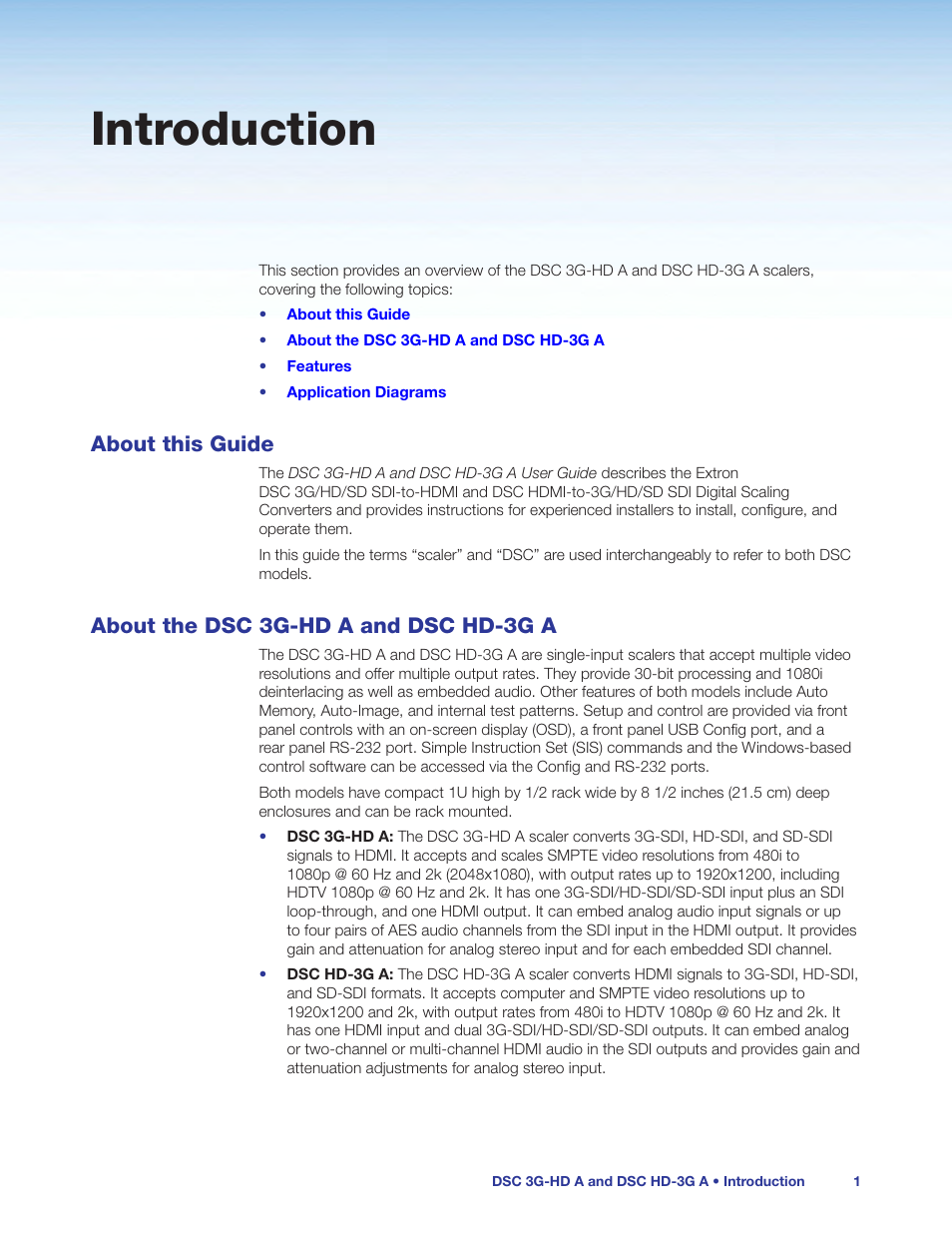 About this guide, Introduction, About the dsc 3g-hd a and dsc hd-3g a | Extron Electronics DSC HD-3G A User Guide User Manual | Page 7 / 74