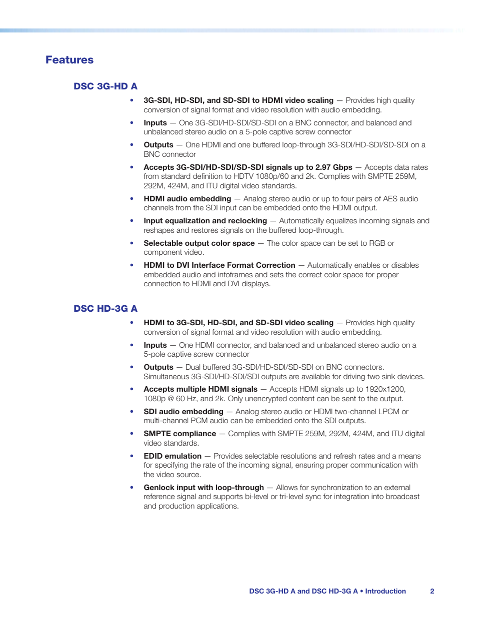 Features, Dsc 3g-hd a, Dsc hd-3g a | Dsc 3g-hd a dsc hd-3g a | Extron Electronics DSC HD-3G A User Guide User Manual | Page 8 / 74