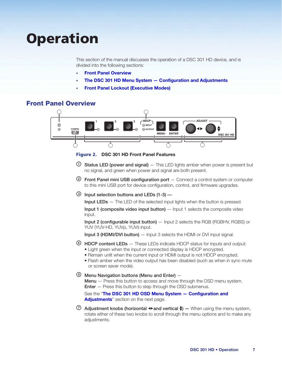 Operation, Front panel overview, Extron | Extron Electronics DSC 301 HD User Guide User Manual | Page 13 / 44