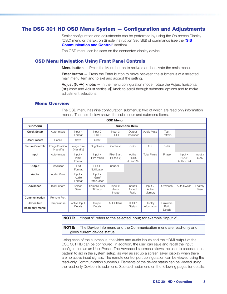 Osd menu navigation using front panel controls, Menu overview, The dsc 301 hd osd menu system | Configuration and adjustments, Osd menu navigation using front panel, Controls | Extron Electronics DSC 301 HD User Guide User Manual | Page 14 / 44