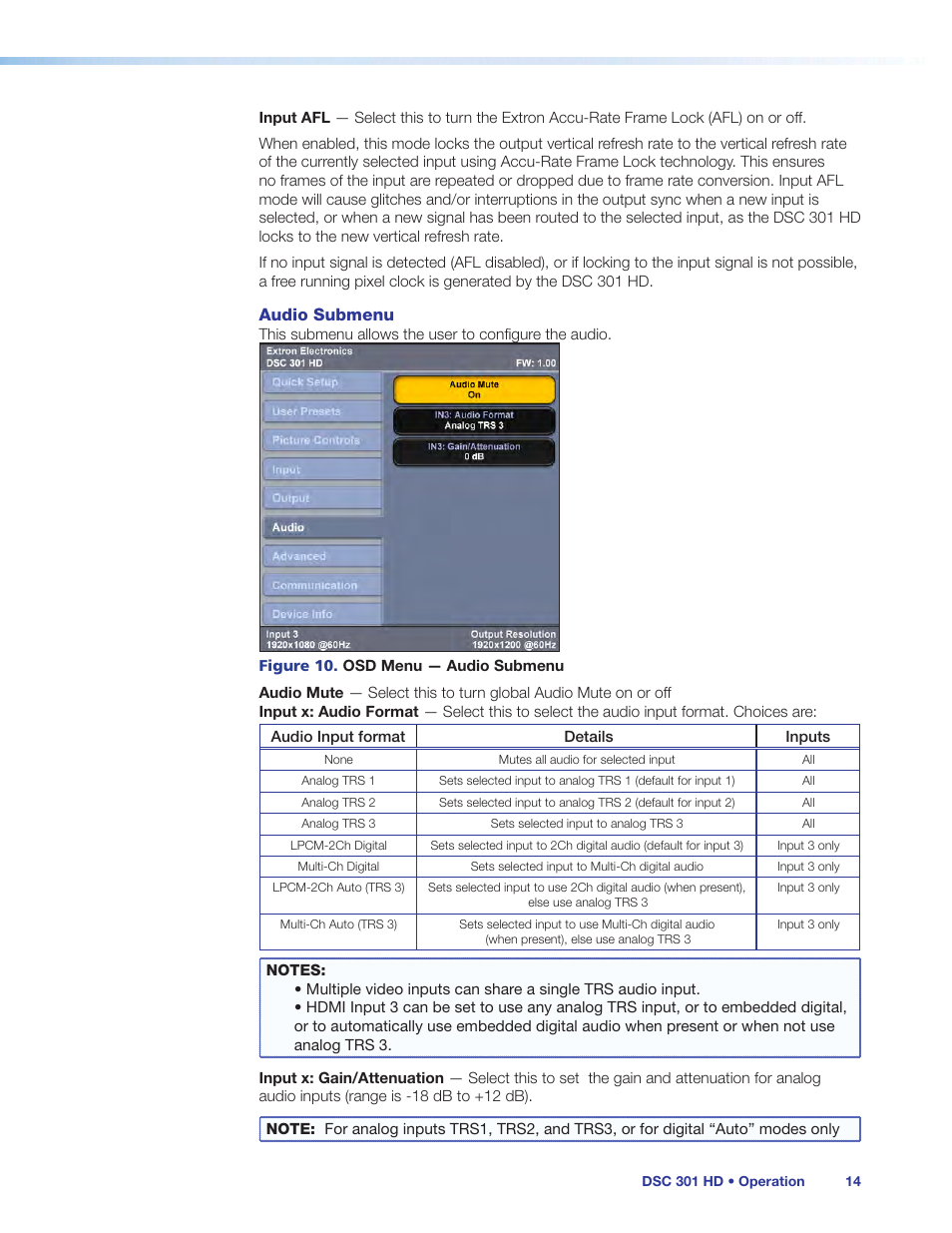 Audio submenu | Extron Electronics DSC 301 HD User Guide User Manual | Page 20 / 44