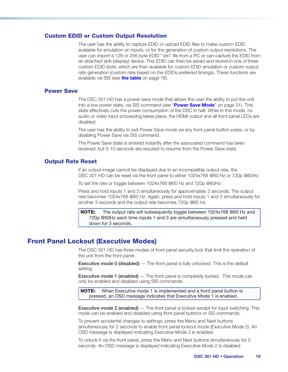 Custom edid or custom output resolution, Power save, Output rate reset | Front panel lockout (executive modes) | Extron Electronics DSC 301 HD User Guide User Manual | Page 25 / 44