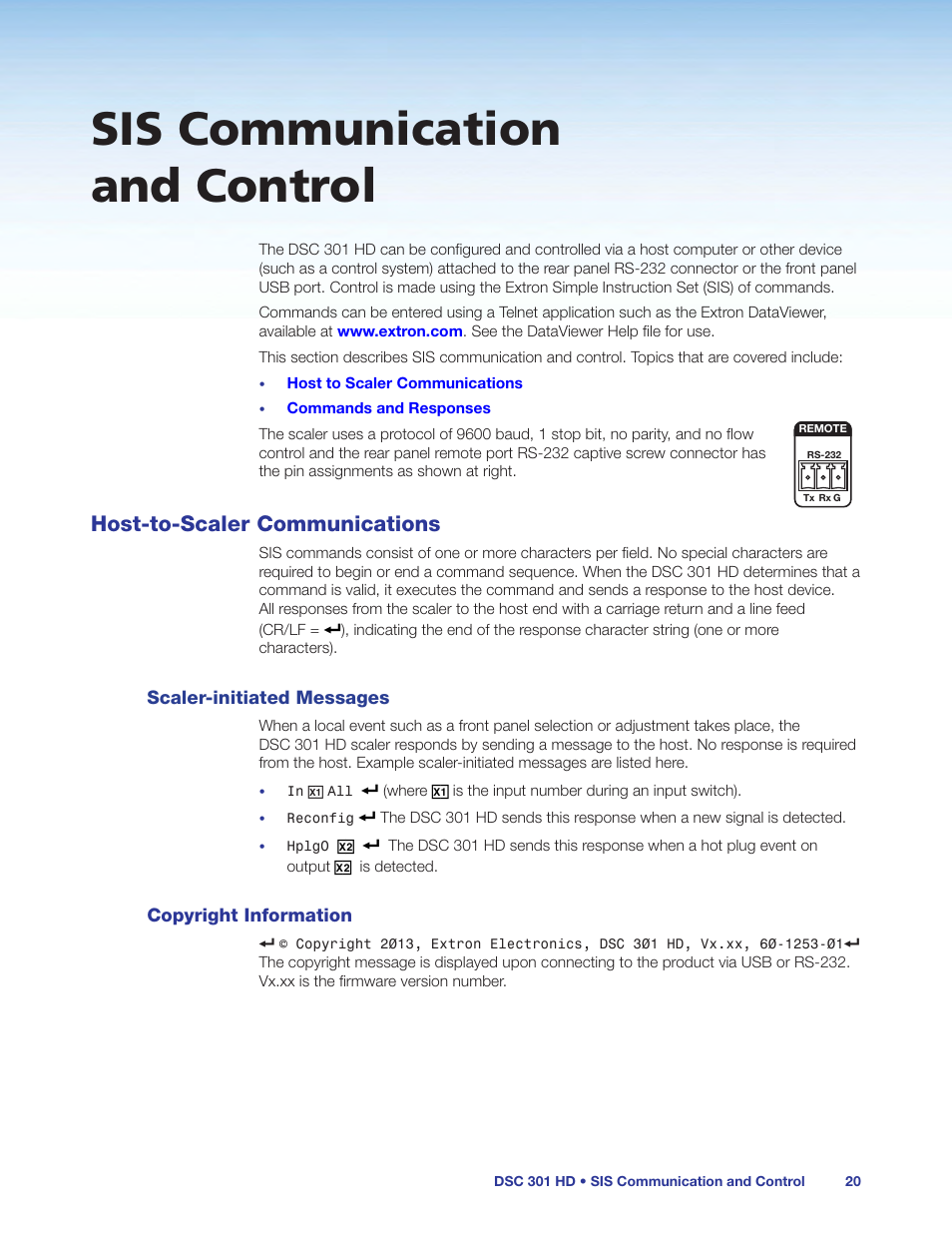 Sis communication and control, Host-to-scaler communications, Scaler-initiated messages | Copyright information, Scaler-initiated messages copyright information, Communication and control, Section), E available via sis commands (see the, Communication and controls | Extron Electronics DSC 301 HD User Guide User Manual | Page 26 / 44