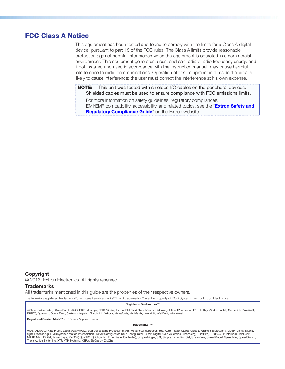 Fcc class a notice, Copyright, Trademarks | 2013 extron electronics. all rights reserved | Extron Electronics DSC 301 HD User Guide User Manual | Page 3 / 44