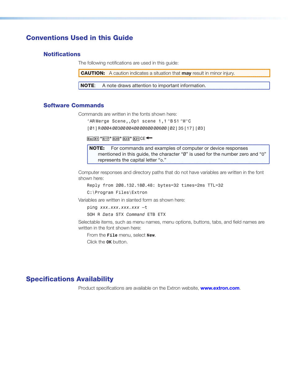 Conventions used in this guide, Notifications, Software commands | Specifications availability | Extron Electronics DSC 301 HD User Guide User Manual | Page 4 / 44
