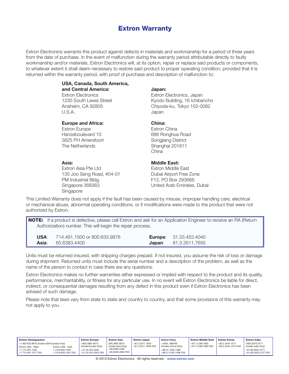 Warranty, Contact information, Warranty contact information | Extron warranty | Extron Electronics DSC 301 HD User Guide User Manual | Page 44 / 44