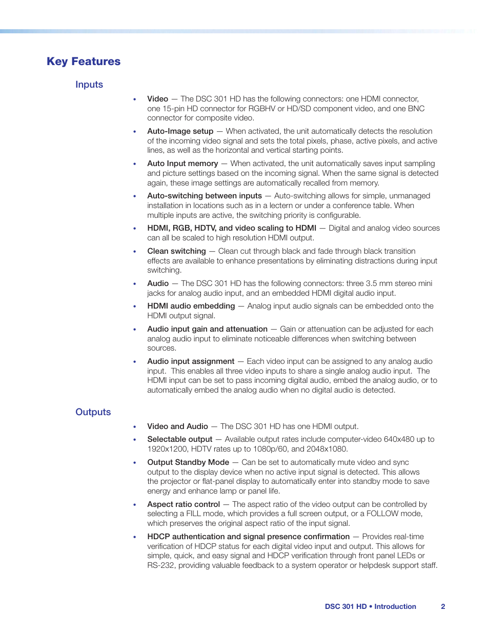 Key features, Inputs, Outputs | Inputs outputs | Extron Electronics DSC 301 HD User Guide User Manual | Page 8 / 44