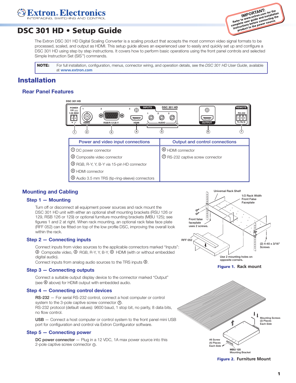 Extron Electronics DSC 301 HD Setup Guide User Manual | 4 pages