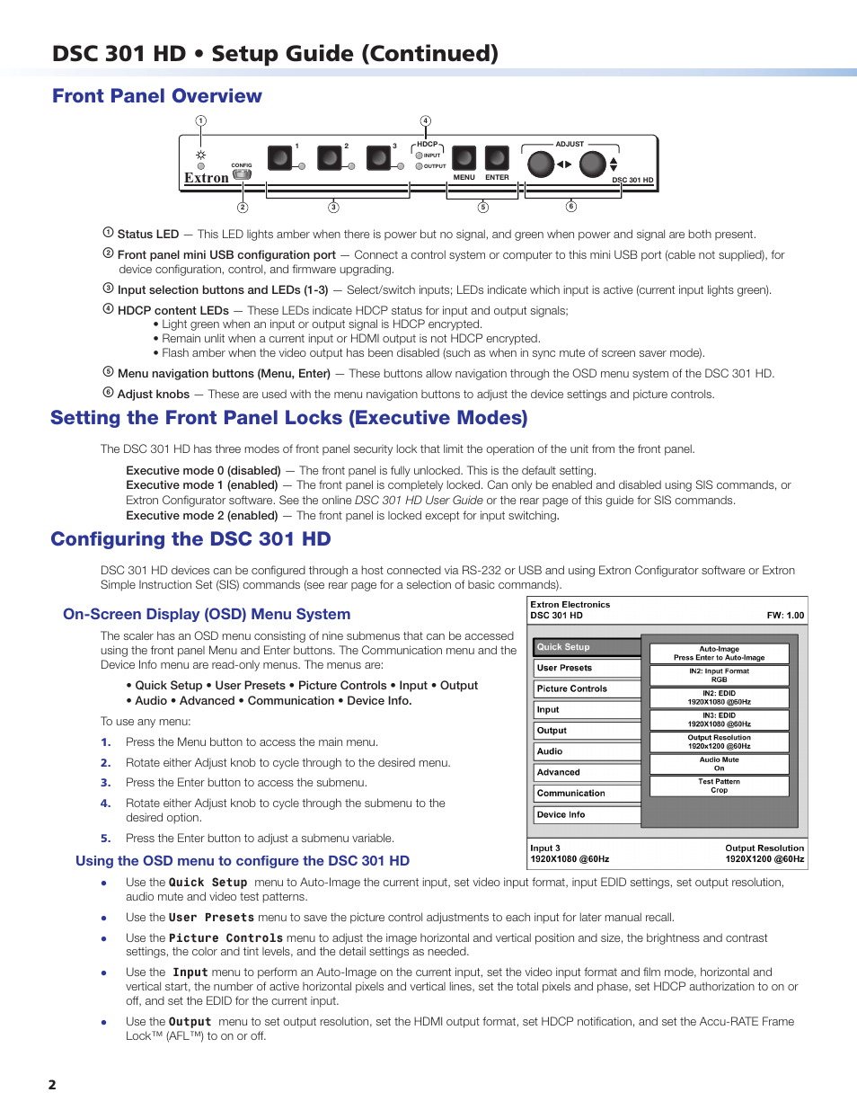 Dsc 301 hd • setup guide (continued), Front panel overview, Setting the front panel locks (executive modes) | Configuring the dsc 301 hd, On-screen display (osd) menu system, Extron, Using the osd menu to configure the dsc 301 hd | Extron Electronics DSC 301 HD Setup Guide User Manual | Page 2 / 4
