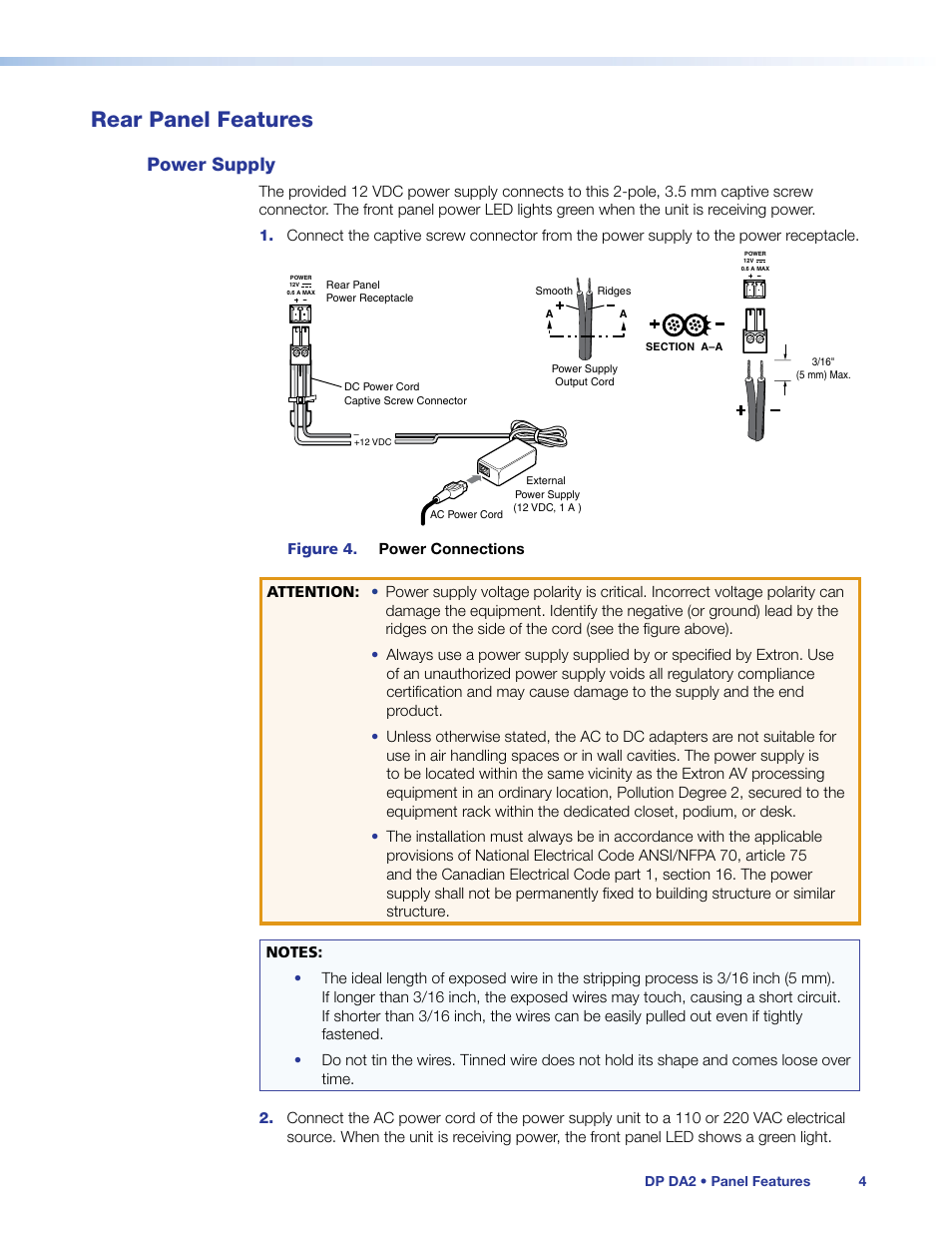 Rear panel features, Power supply | Extron Electronics DP DA2 User Guide User Manual | Page 10 / 30