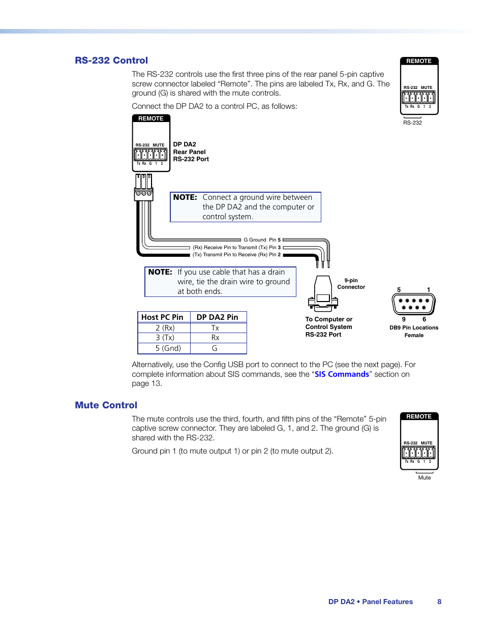 Rs-232 control, Mute control, Rs-232 control mute control | Extron Electronics DP DA2 User Guide User Manual | Page 14 / 30